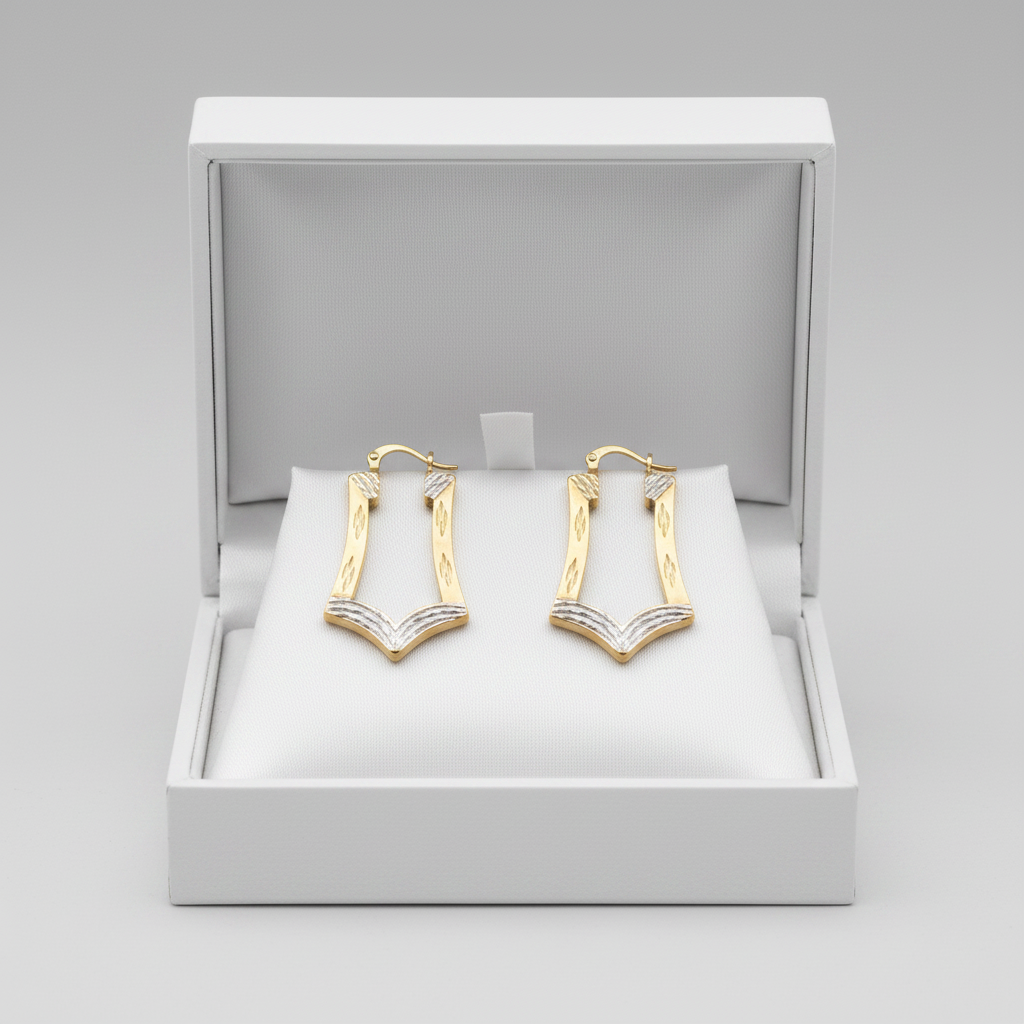 10K Yellow & White Gold Rectangle Hollow Hoop Earrings