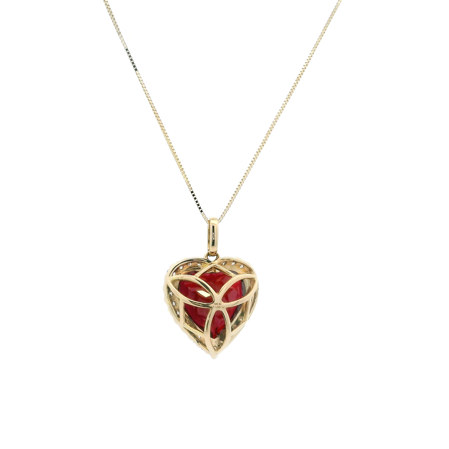 14K Sythetic Ruby Heart & Lab Diamond Pendant & 18" Box Chain - 0.41ct
