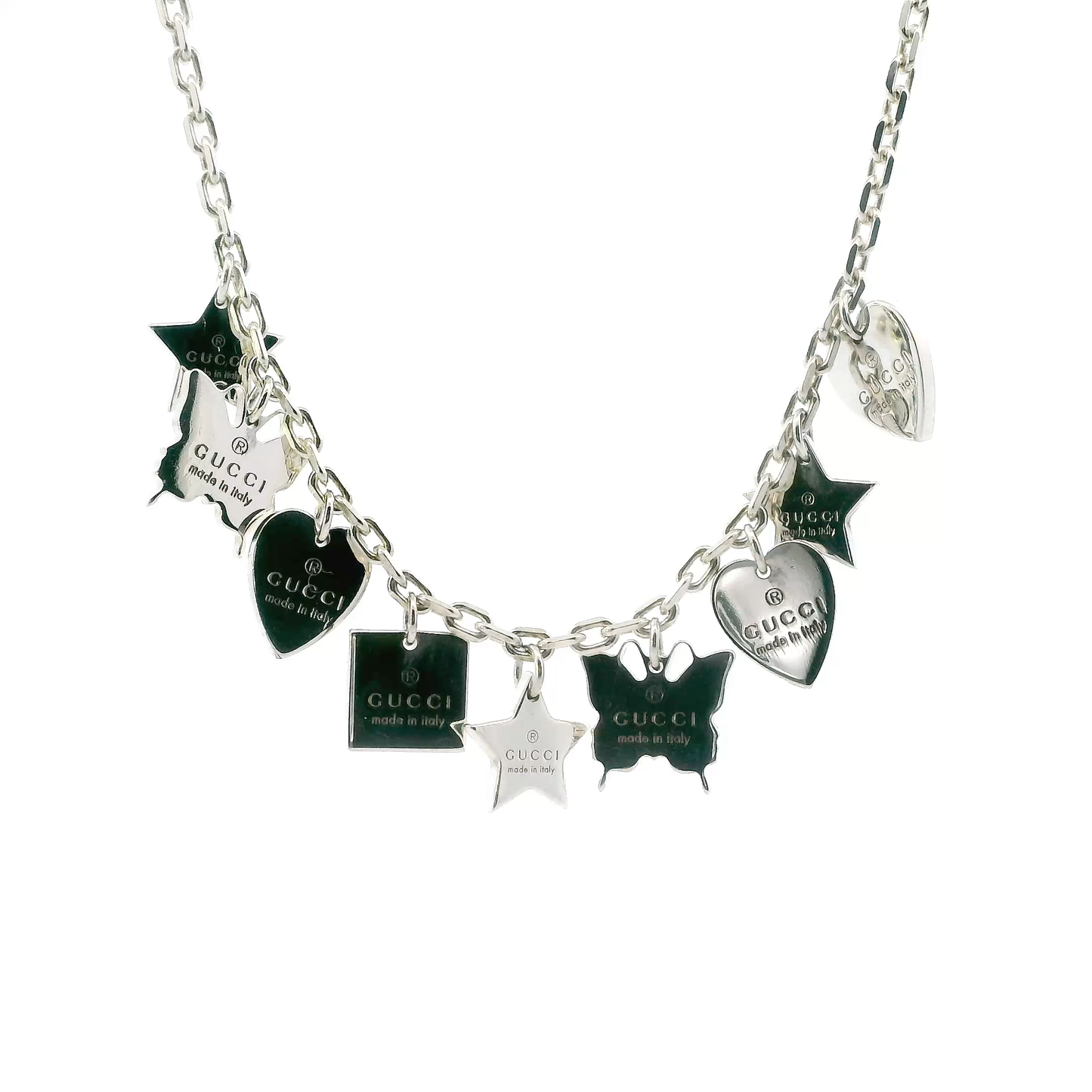 Gucci Sterling Silver 17' Cable Link Stars, Butterflies, And Hearts Necklace With Original Box And Pouch