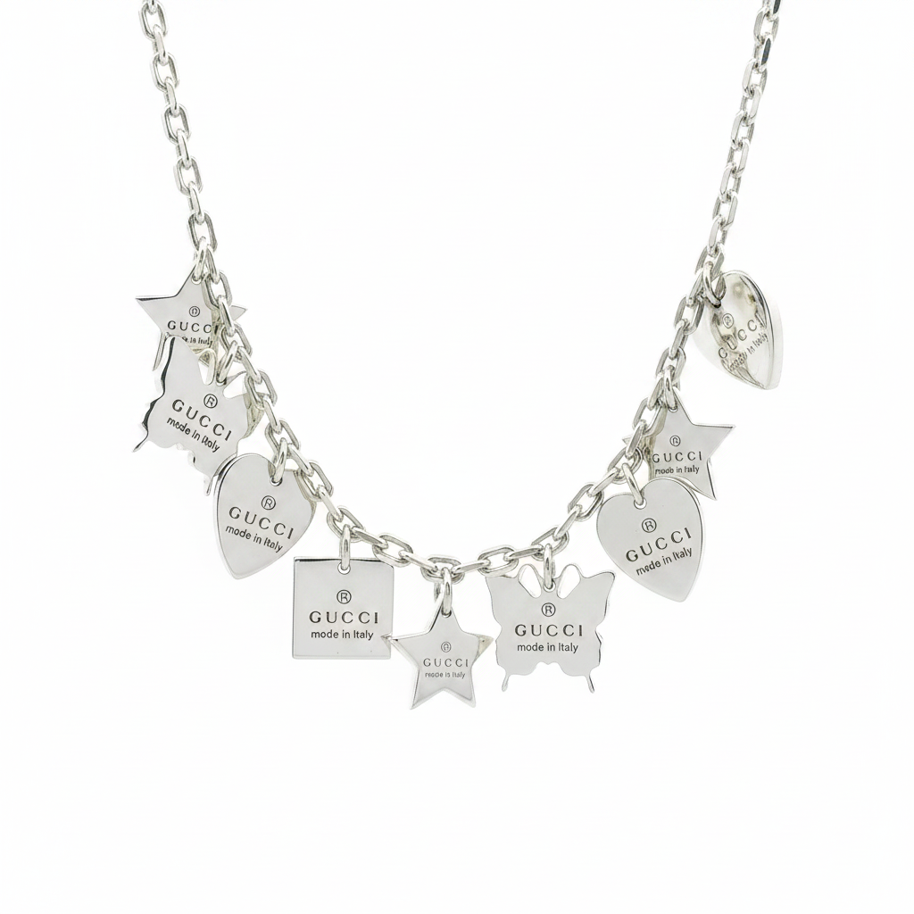 Gucci Sterling Silver 17' Cable Link Stars, Butterflies, And Hearts Necklace With Original Box And Pouch