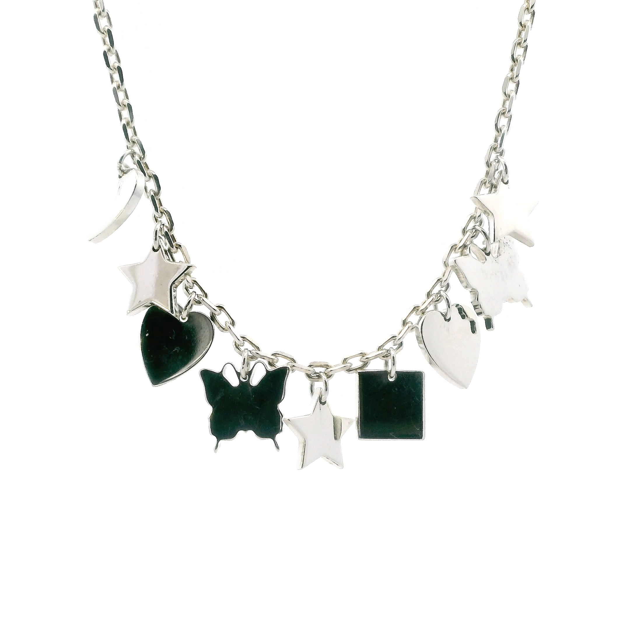Gucci Sterling Silver 17' Cable Link Stars, Butterflies, And Hearts Necklace With Original Box And Pouch