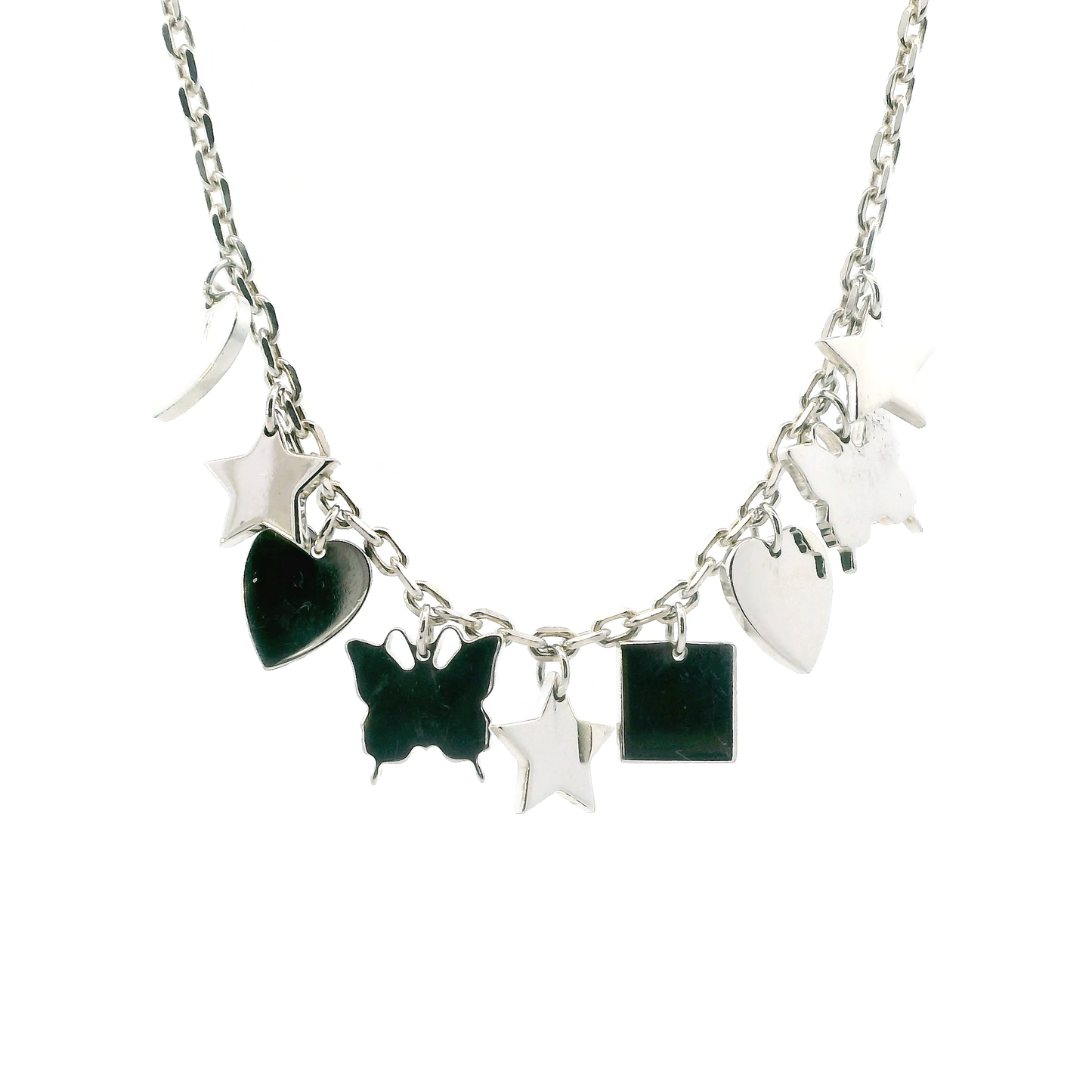 Gucci Sterling Silver 17' Cable Link Stars, Butterflies, And Hearts Necklace With Original Box And Pouch