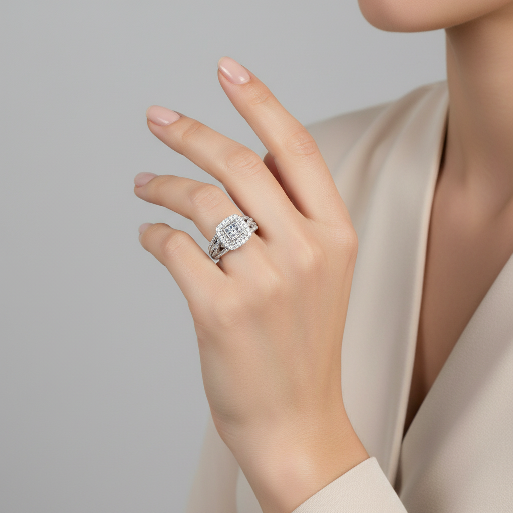 14K White Gold Square Diamond Womens Ring - 0.80ct