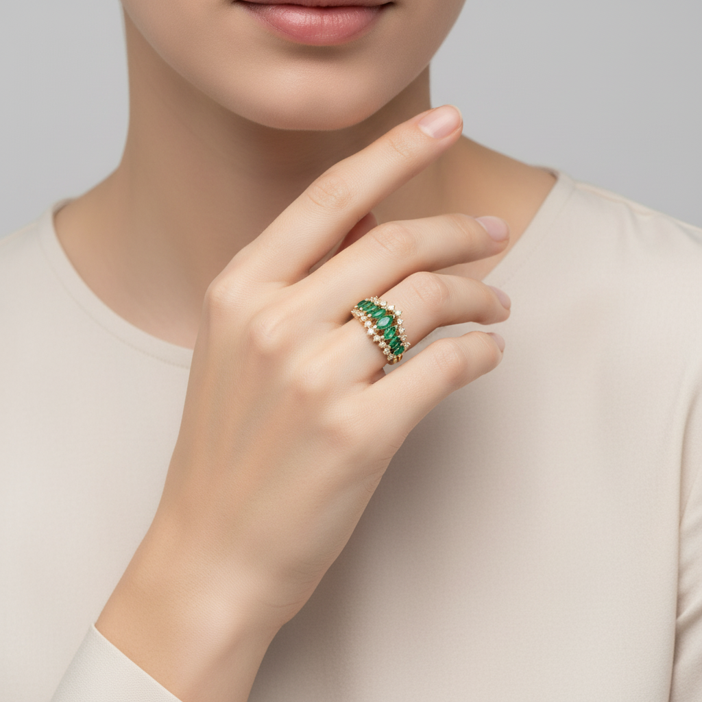 14K Yellow Gold Emerald & Diamond Womens Ring - 0.33ct