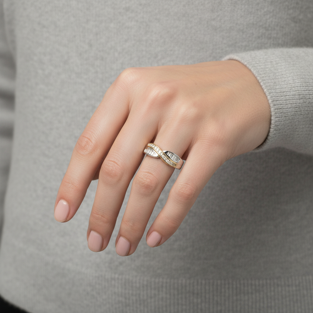 14K White Gold Diamond Criss Cross Womens Ring - 0.18ct