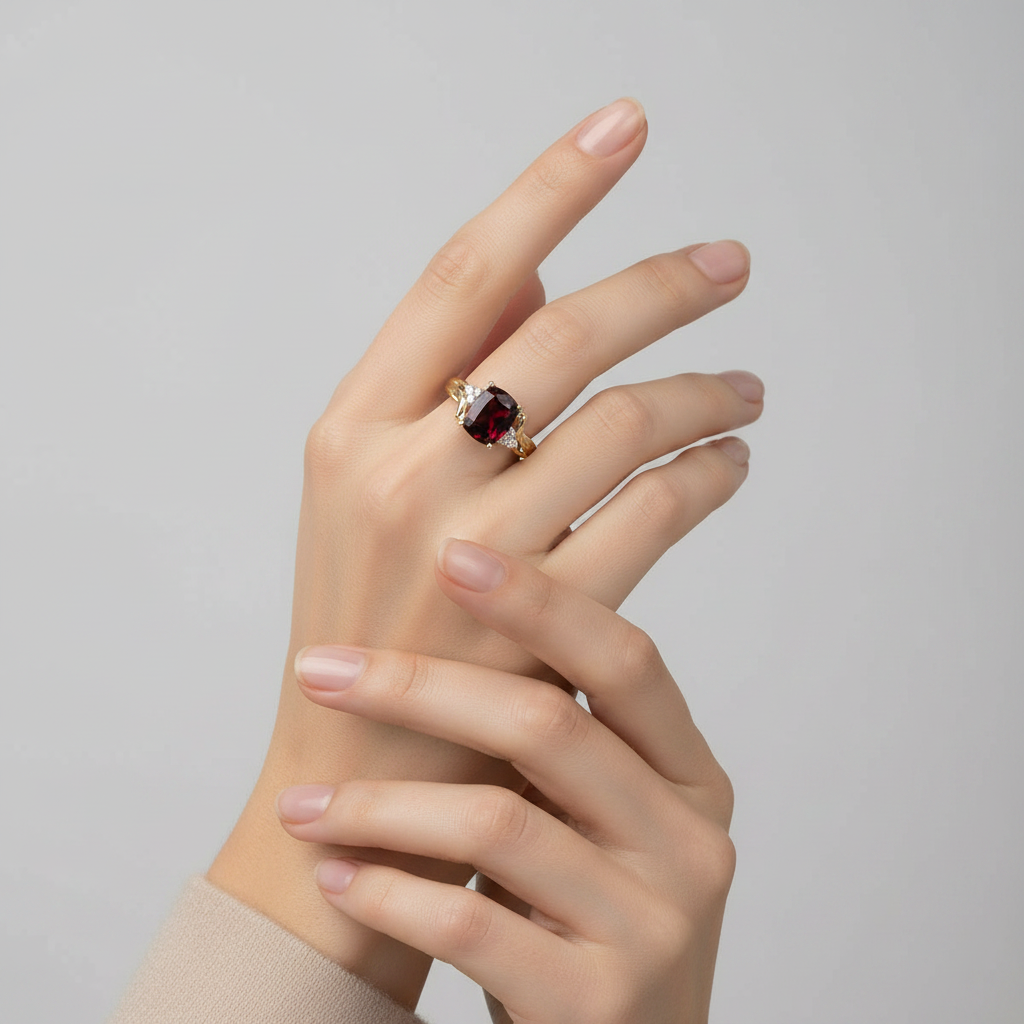 14K Yellow Gold Garnet & Diamond Womens Ring - 0.02ct