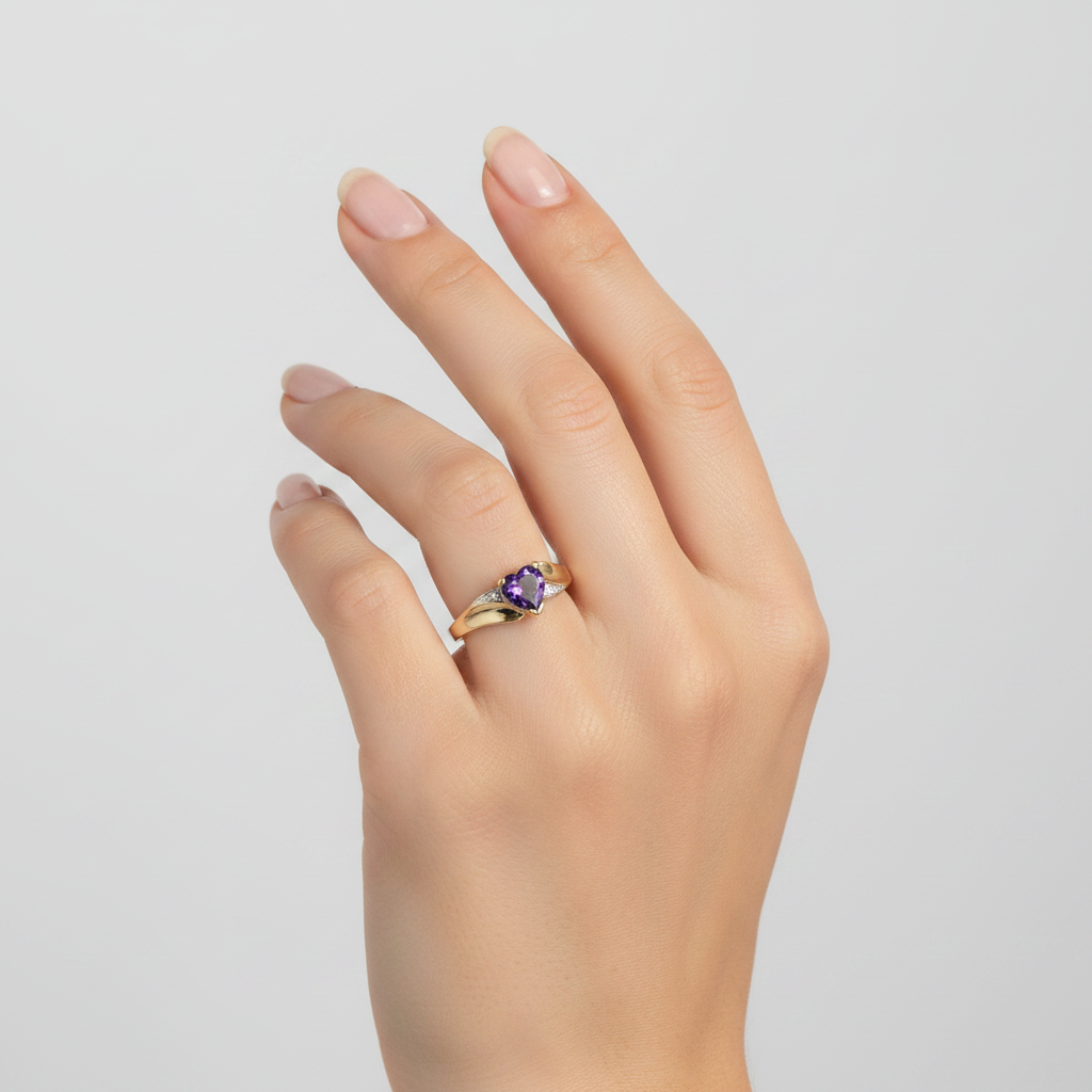 10K Yellow Gold Synthetic Heart Amethyst Womens Ring