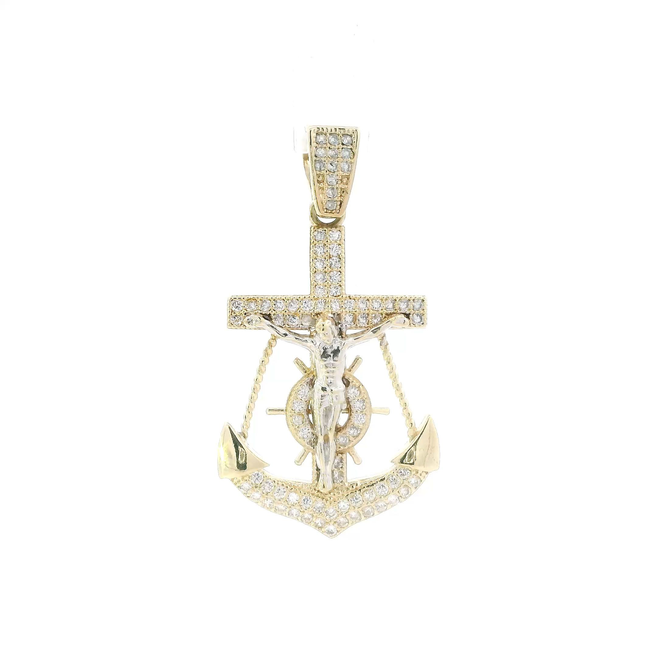 14K Yellow Gold Cz Mariner Crucifix Pendant