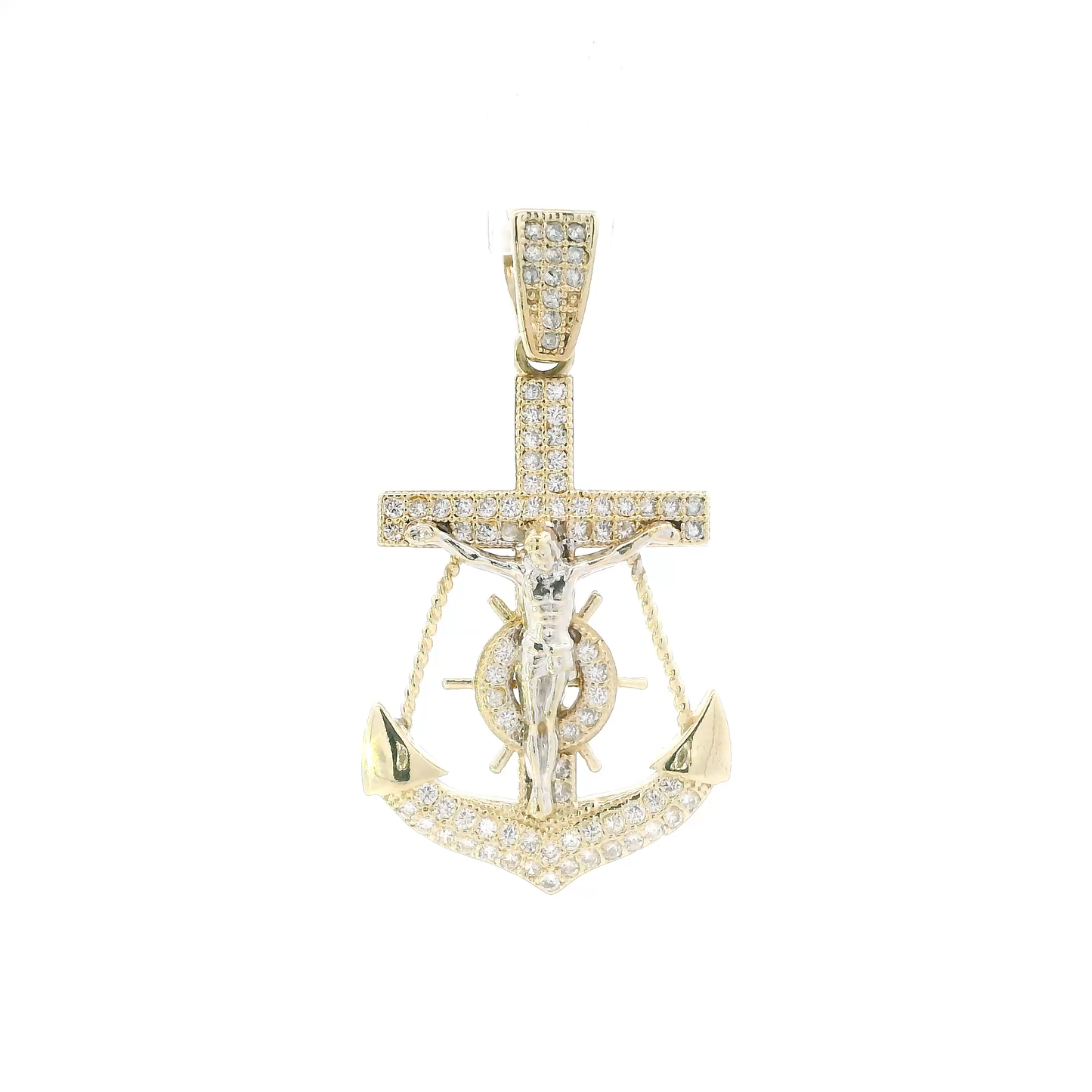 14K Yellow Gold Cz Mariner Crucifix Pendant