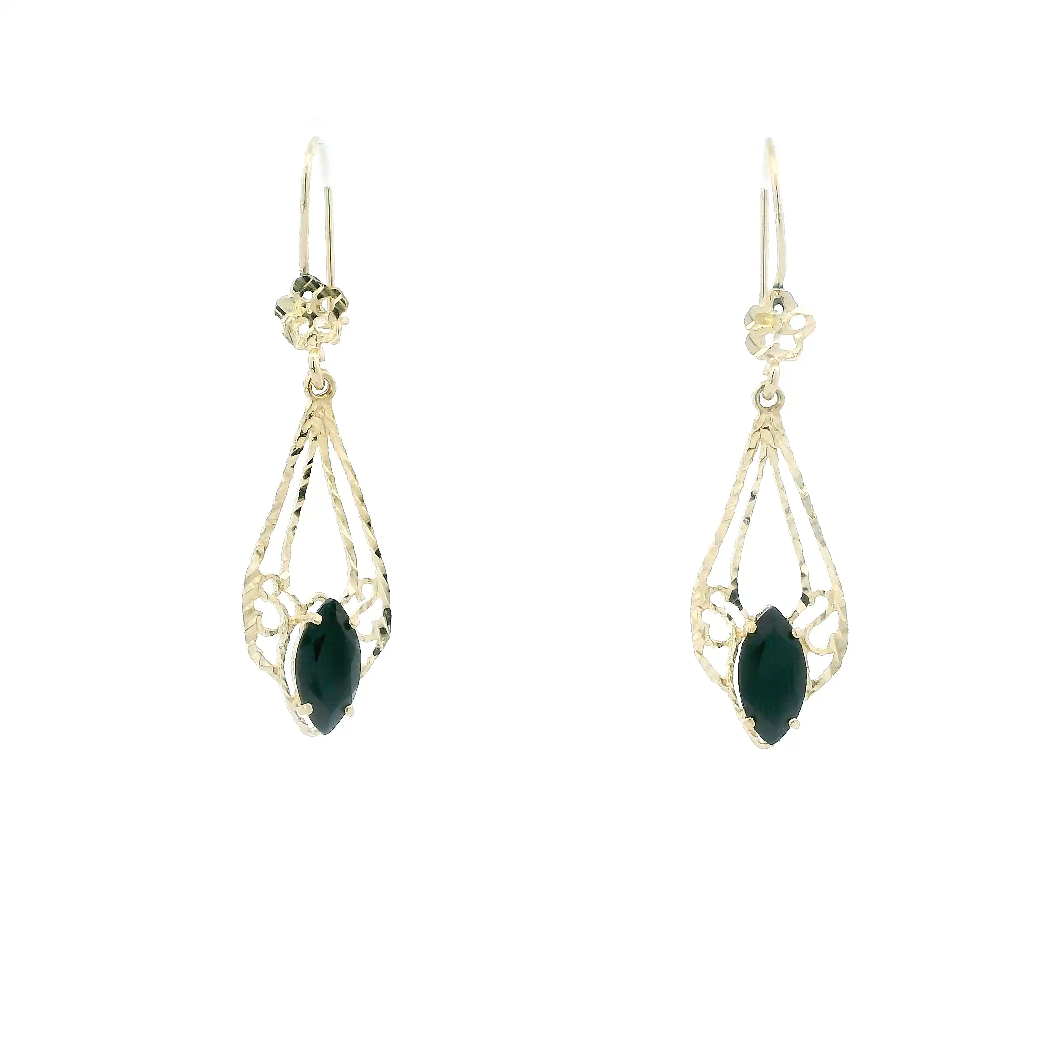 14K Yellow Gold Onyx Filigree Pear Dangle Earrings