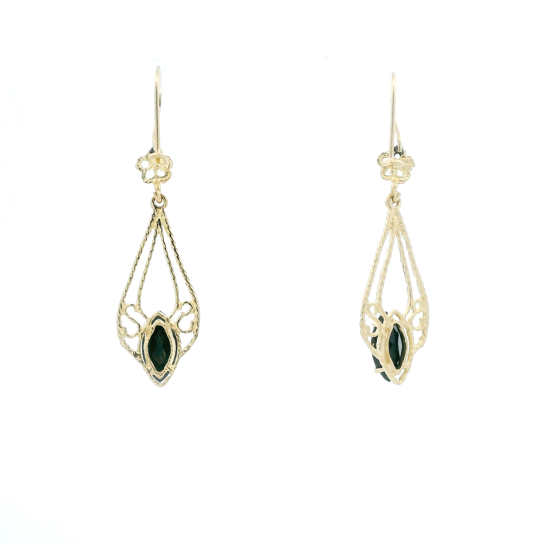 14K Yellow Gold Onyx Filigree Pear Dangle Earrings