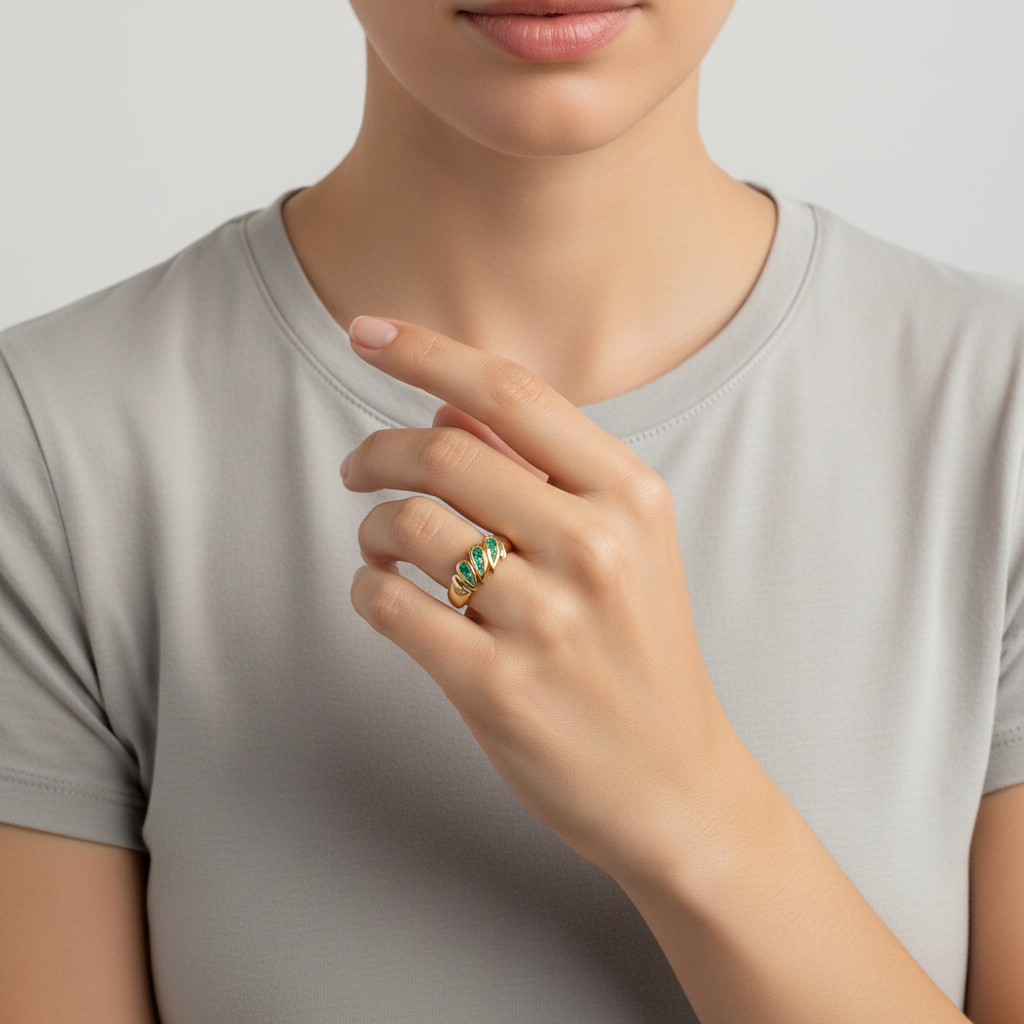 14K Yellow Gold Emerald Slanted Design Womens Ring