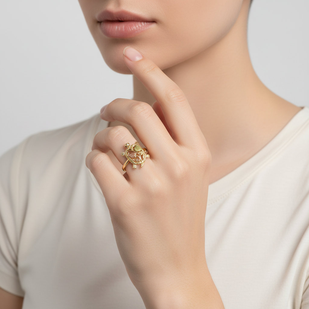 14K Tri Color Gold Ruby & Leaf Design Turtle Ring