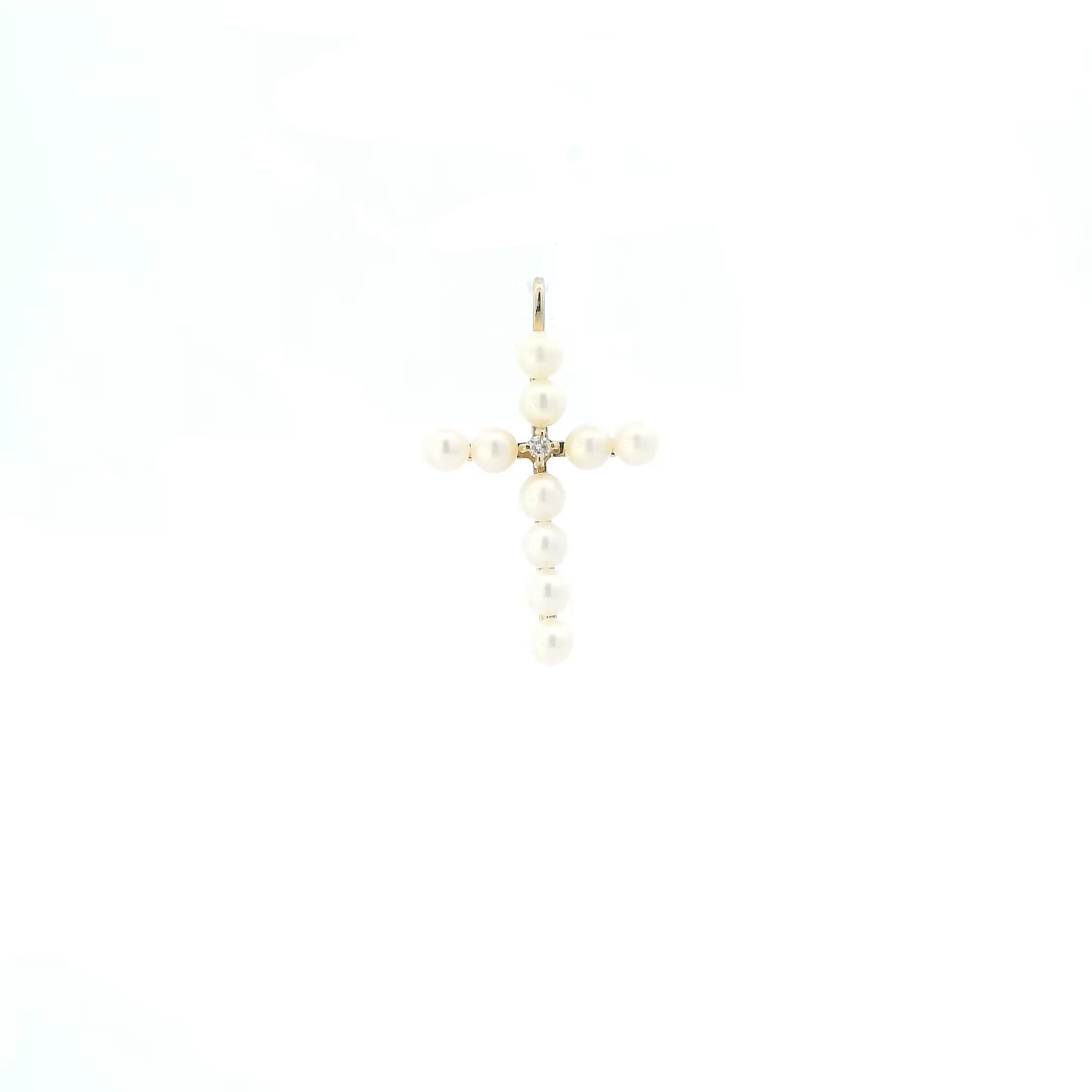14K Yellow Gold Pearl & Diamond Cross Pendant - 0.01ct
