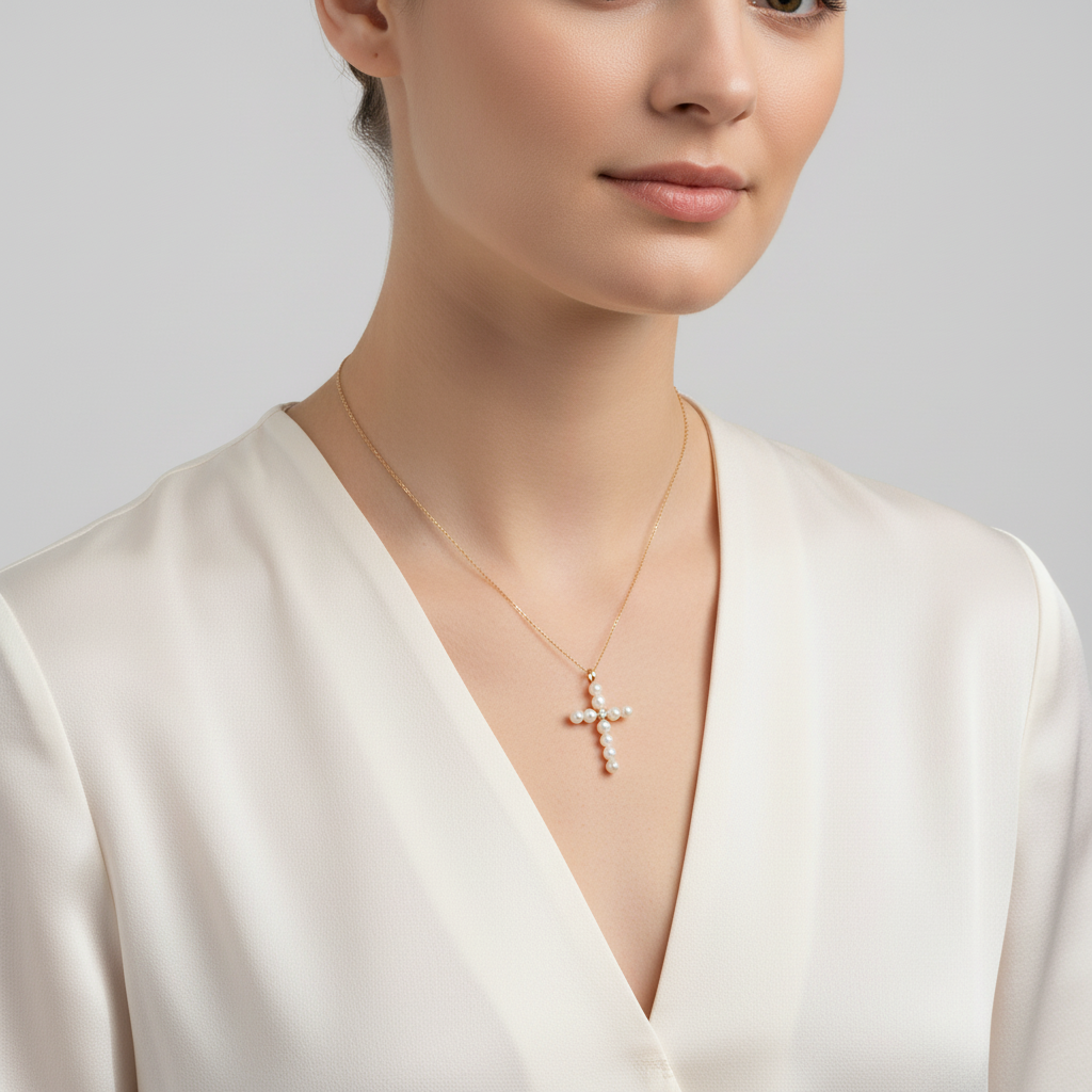14K Yellow Gold Pearl & Diamond Cross Pendant - 0.01ct