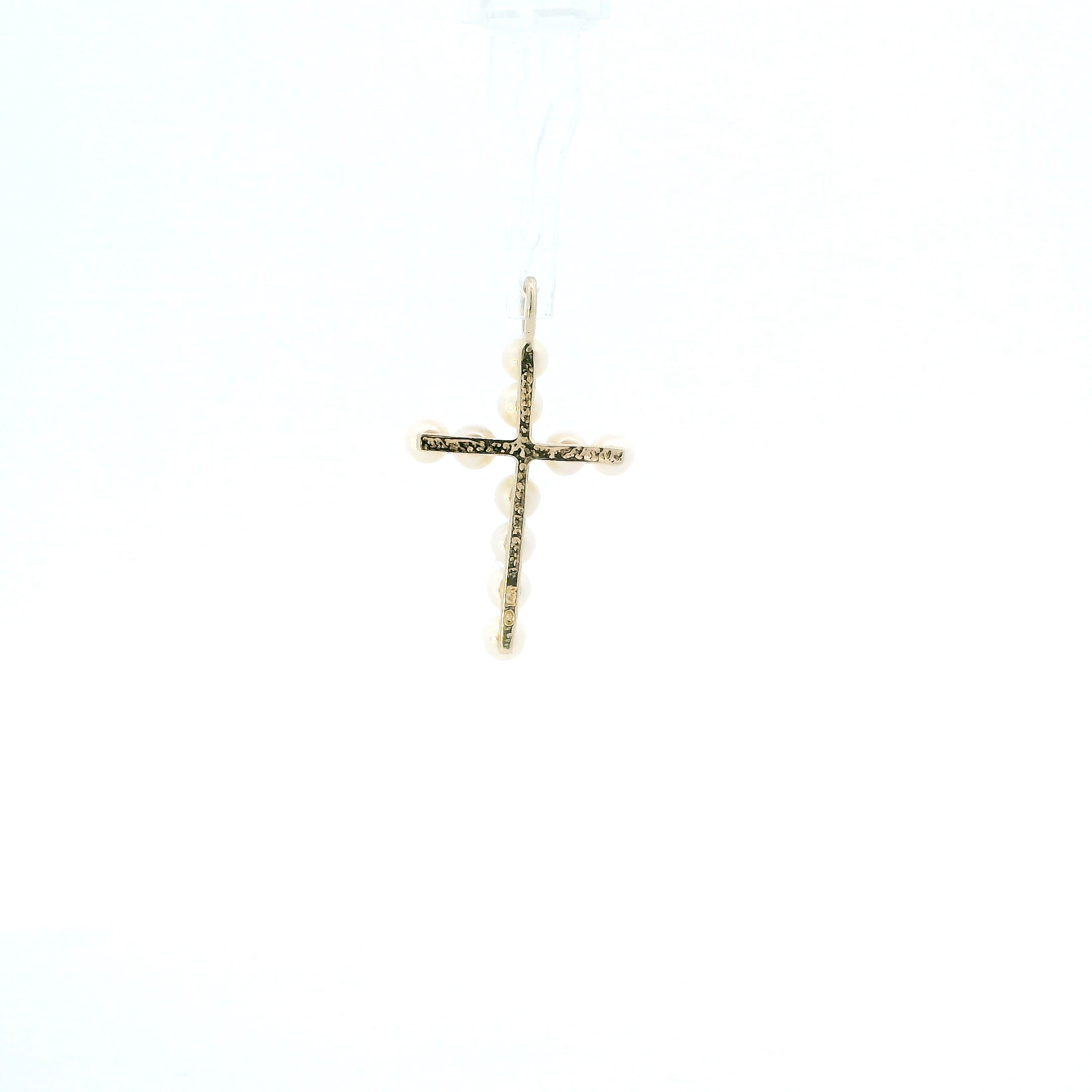 14K Yellow Gold Pearl & Diamond Cross Pendant - 0.01ct