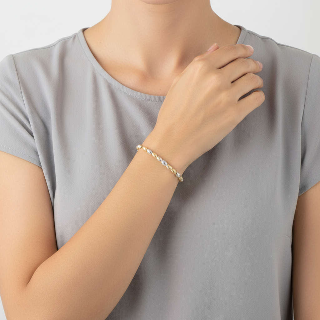 14K Yellow & White Gold 9" Oval Beaded Lariat Bracelet