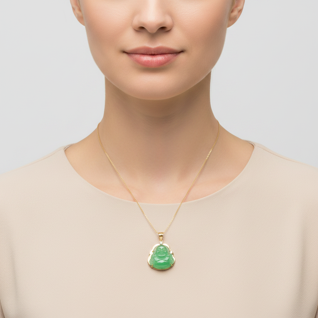 10K Yellow Gold Green Jade Buddha Pendant