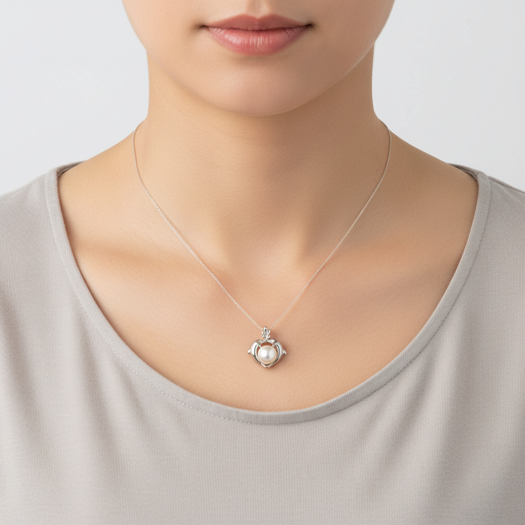 14K White Gold Pearl Dolphin Pendant