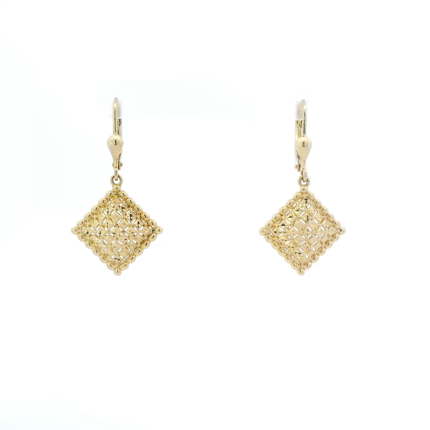 14K Yellow Gold Square Diamond Cut Dangle Earrings