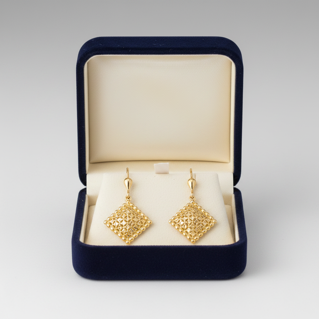 14K Yellow Gold Square Diamond Cut Dangle Earrings