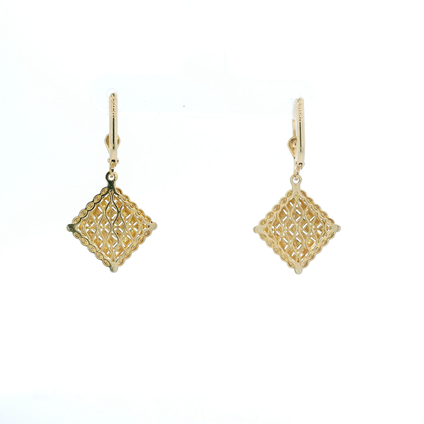 14K Yellow Gold Square Diamond Cut Dangle Earrings