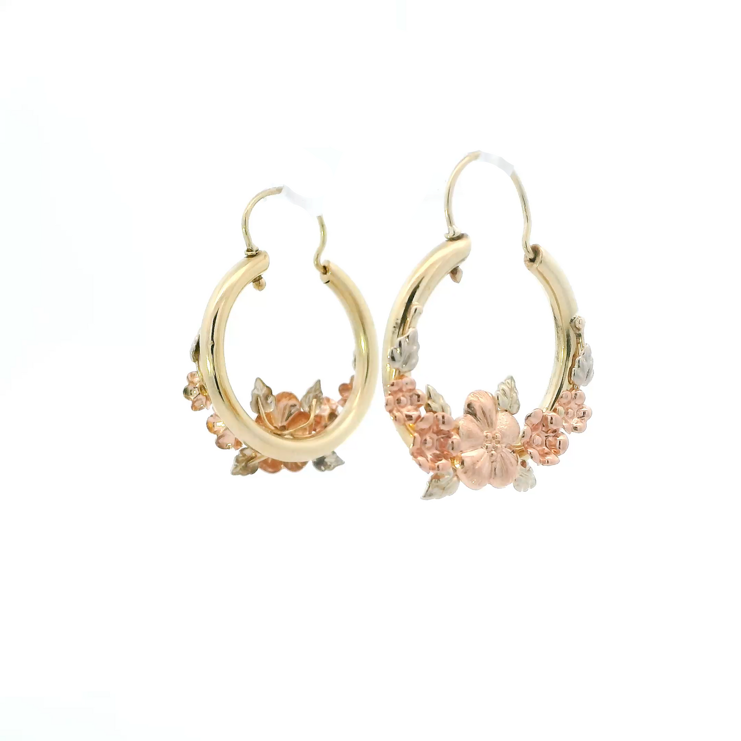 10K Tri Color Gold Floral Hoop Earrings