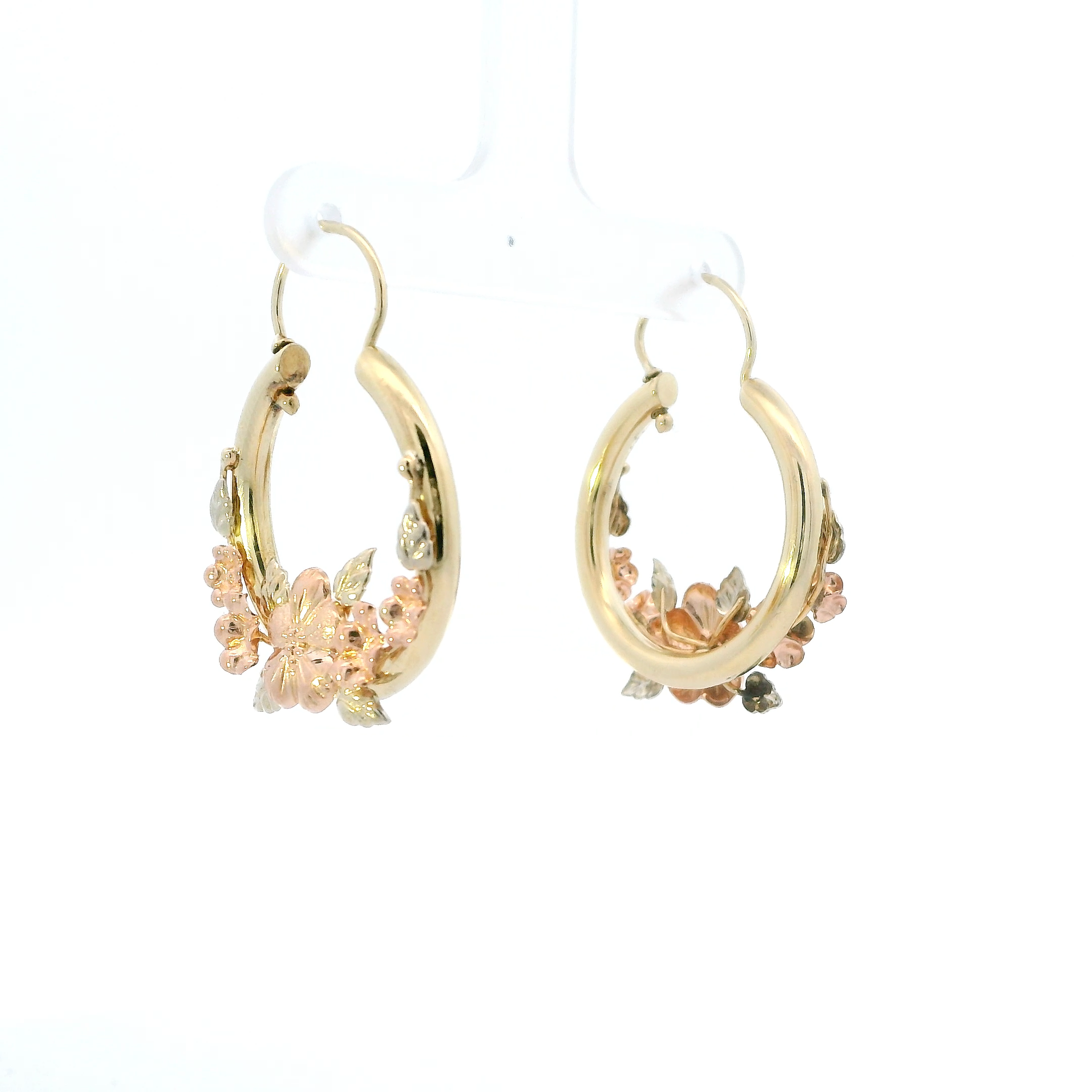 10K Tri Color Gold Floral Hoop Earrings