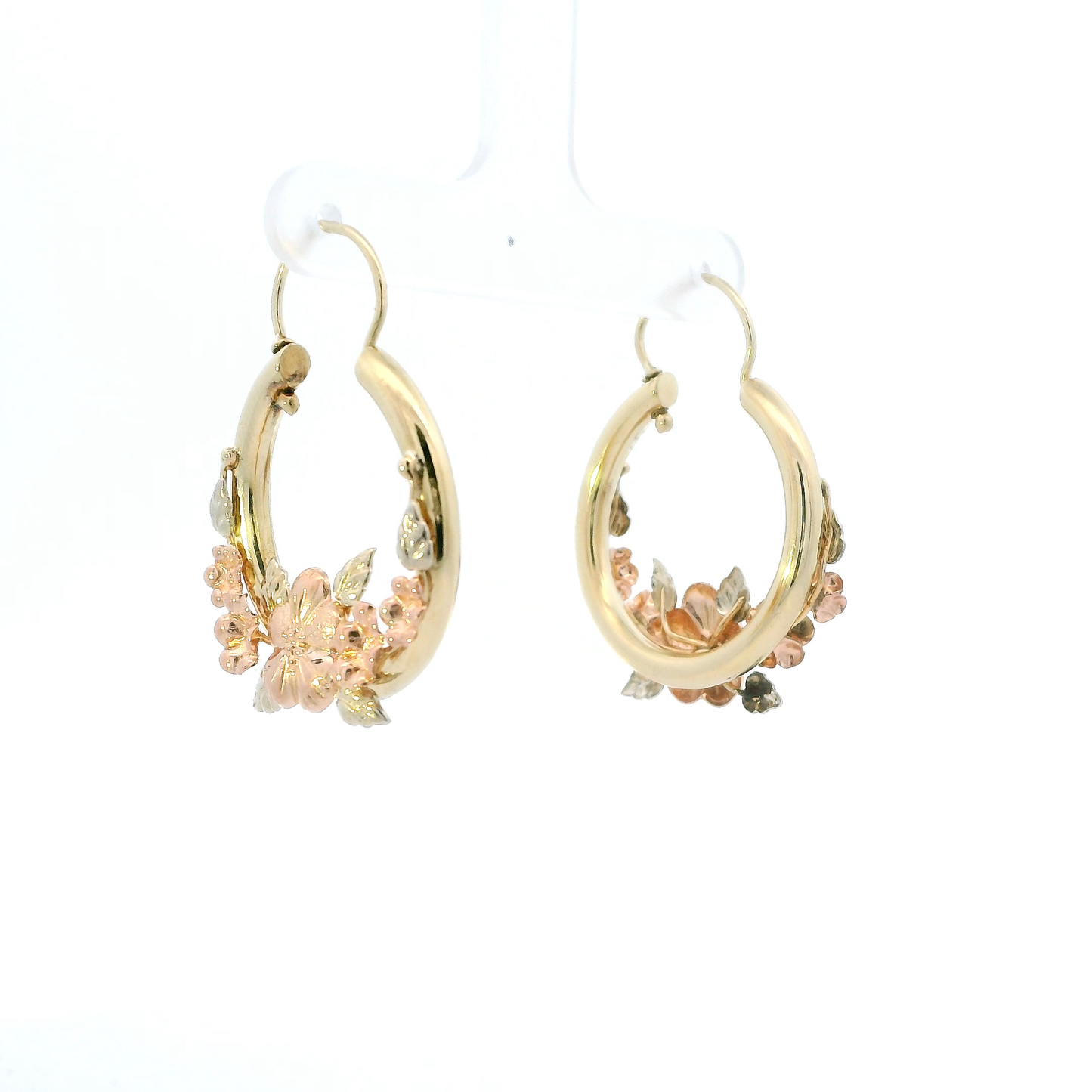 10K Tri Color Gold Floral Hoop Earrings