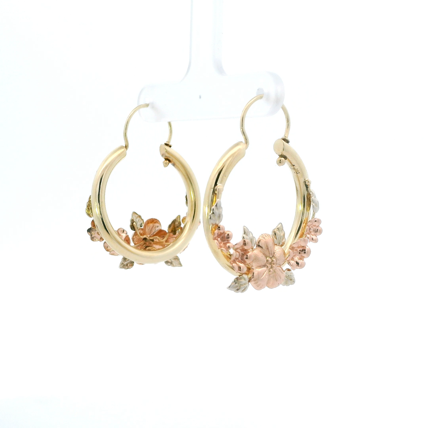 10K Tri Color Gold Floral Hoop Earrings