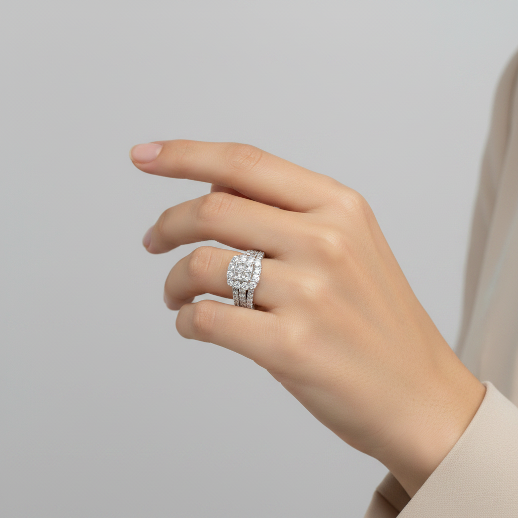 14K White Gold Diamond Womens Engagement & Wedding Ring Set - 1.74ct