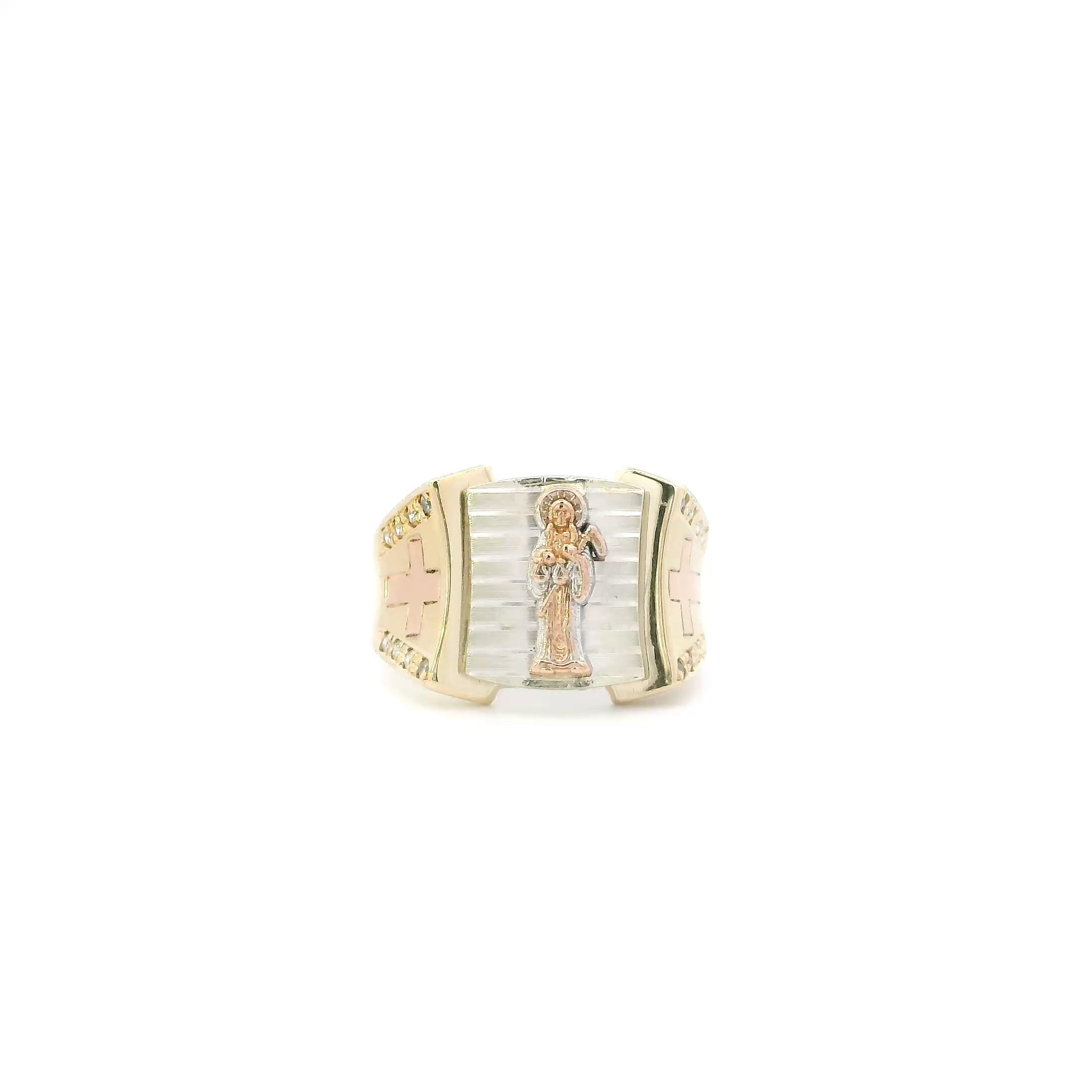14K Tri Color Gold Santa Muerte & Crosses Mens Ring