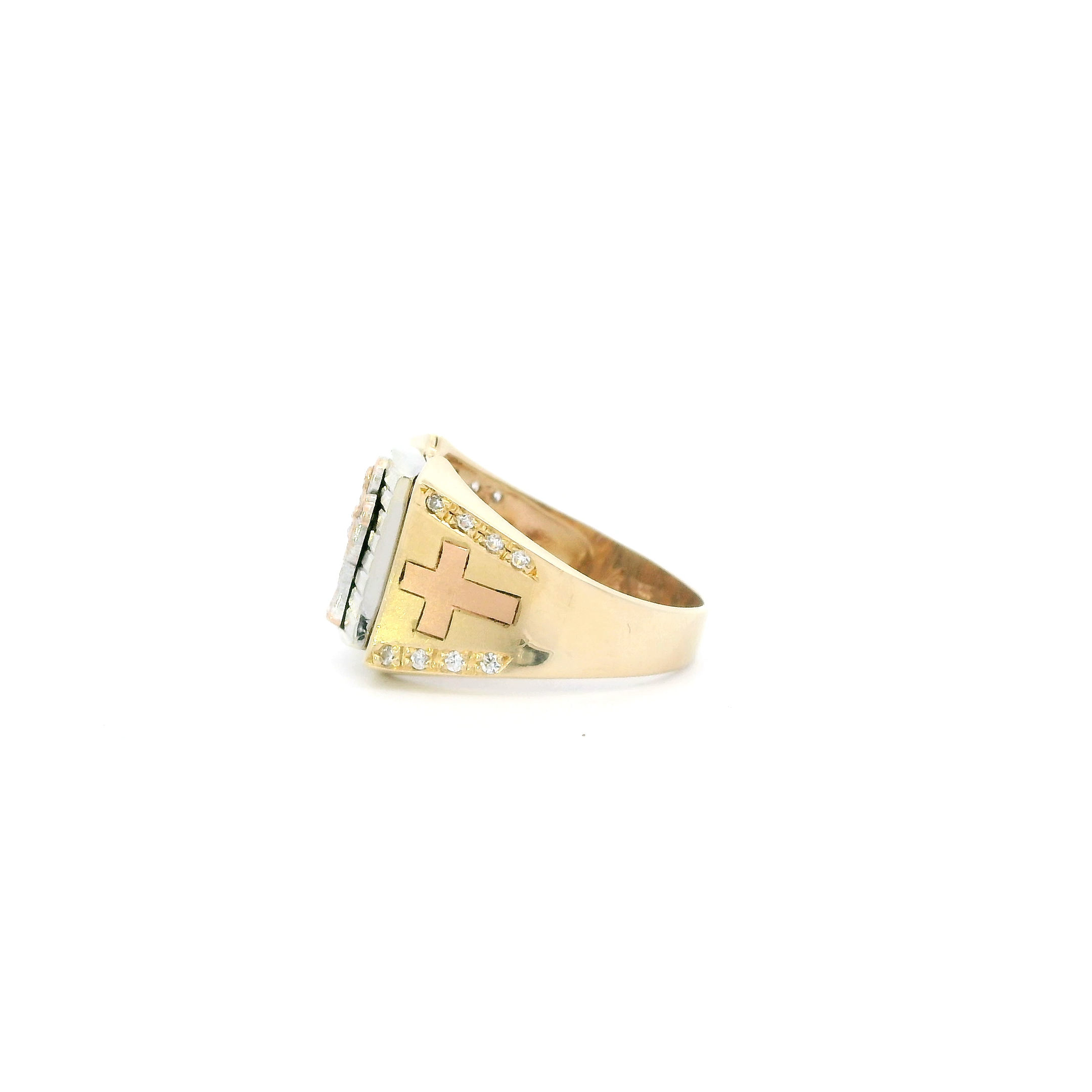14K Tri Color Gold Santa Muerte & Crosses Mens Ring