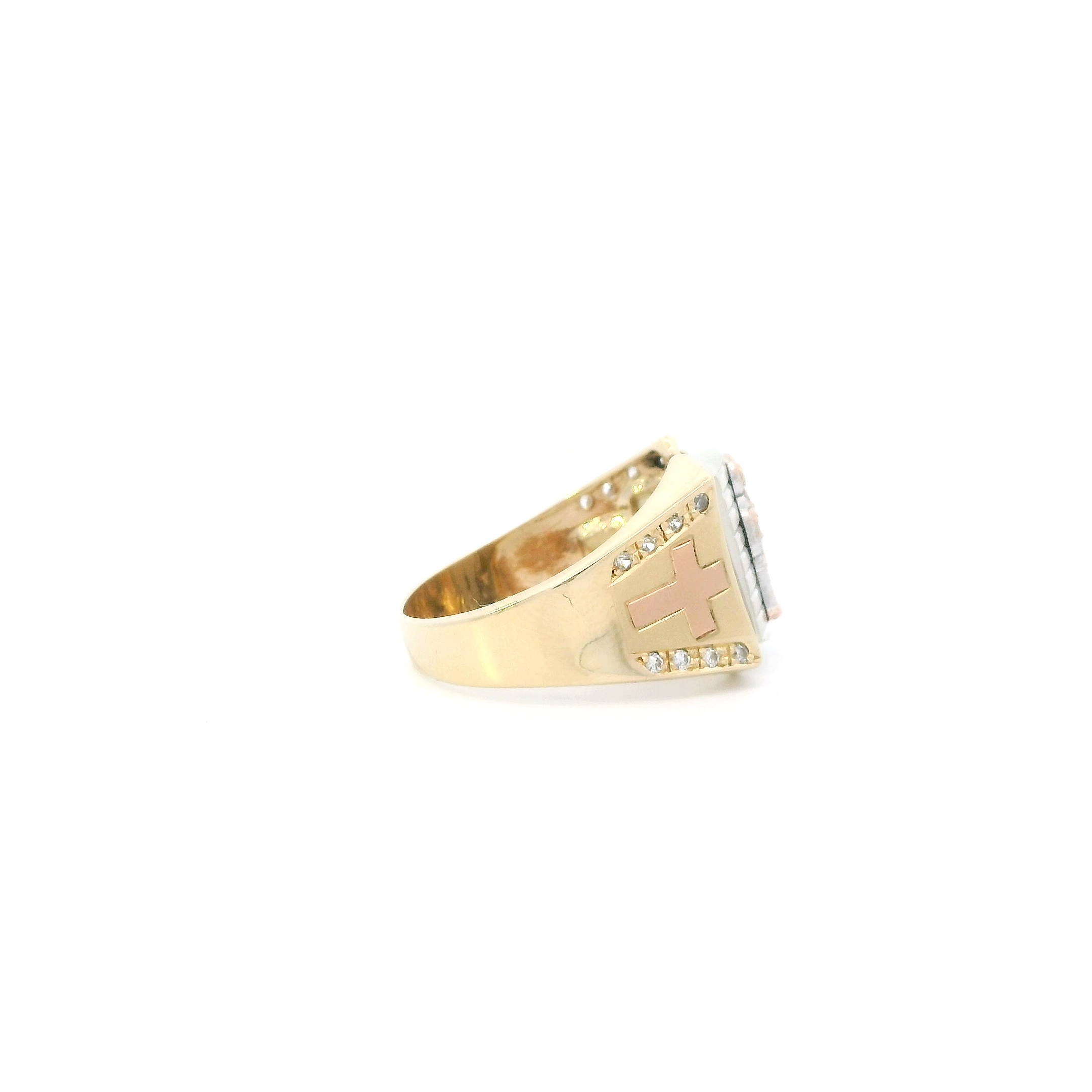 14K Tri Color Gold Santa Muerte & Crosses Mens Ring