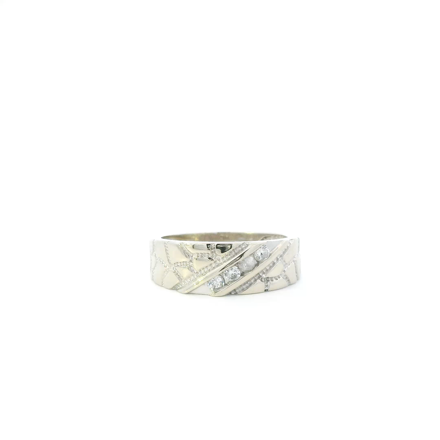 14K White Gold Cz Nugget Band Mens Ring