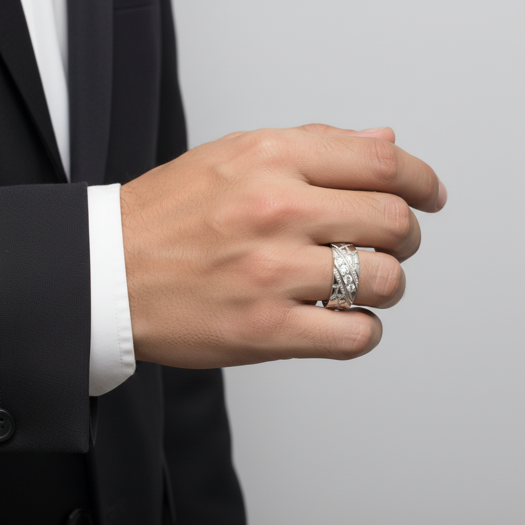 14K White Gold Cz Nugget Band Mens Ring