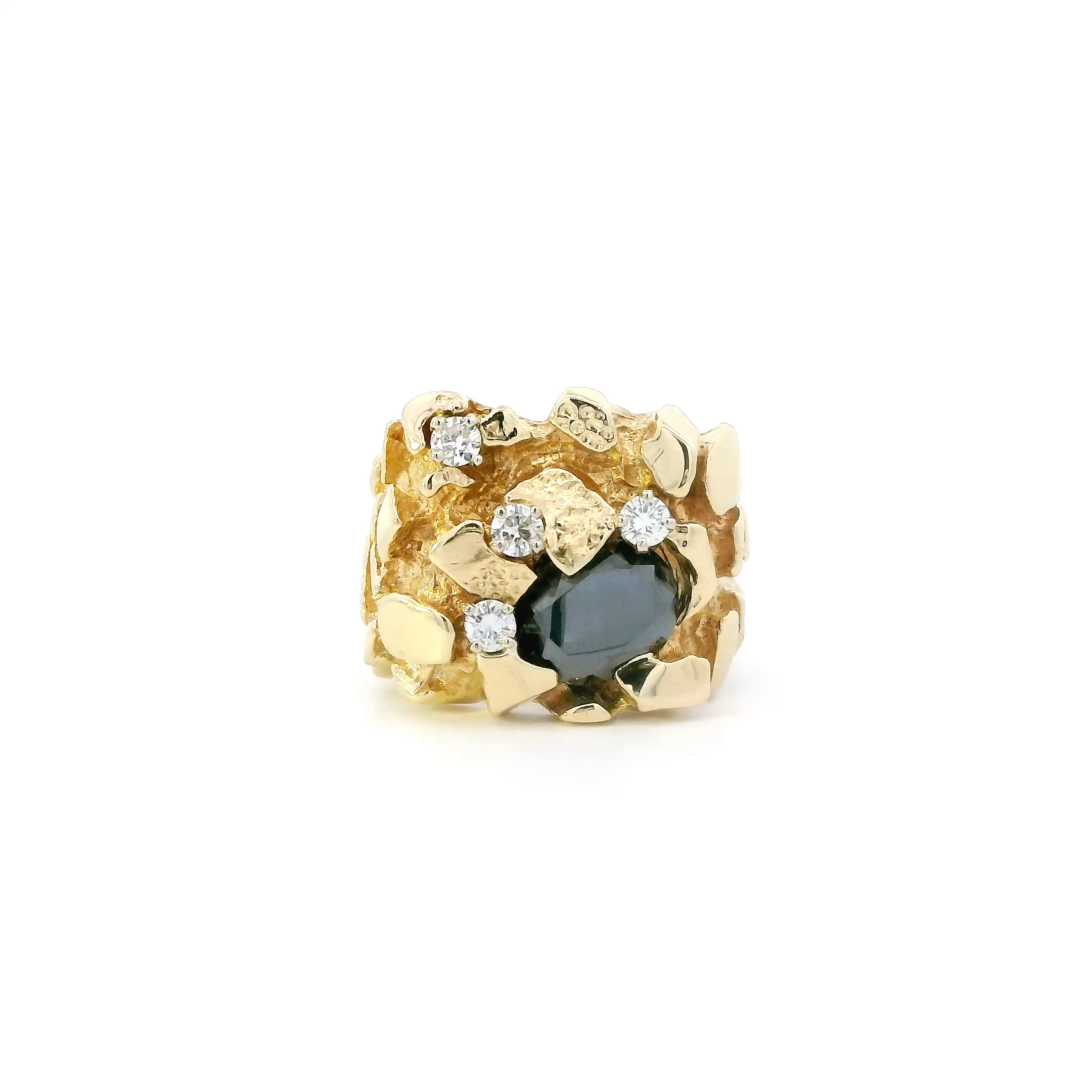 14K Yellow Gold Diamond & Onyx Nugget Mens Ring - 0.40ct