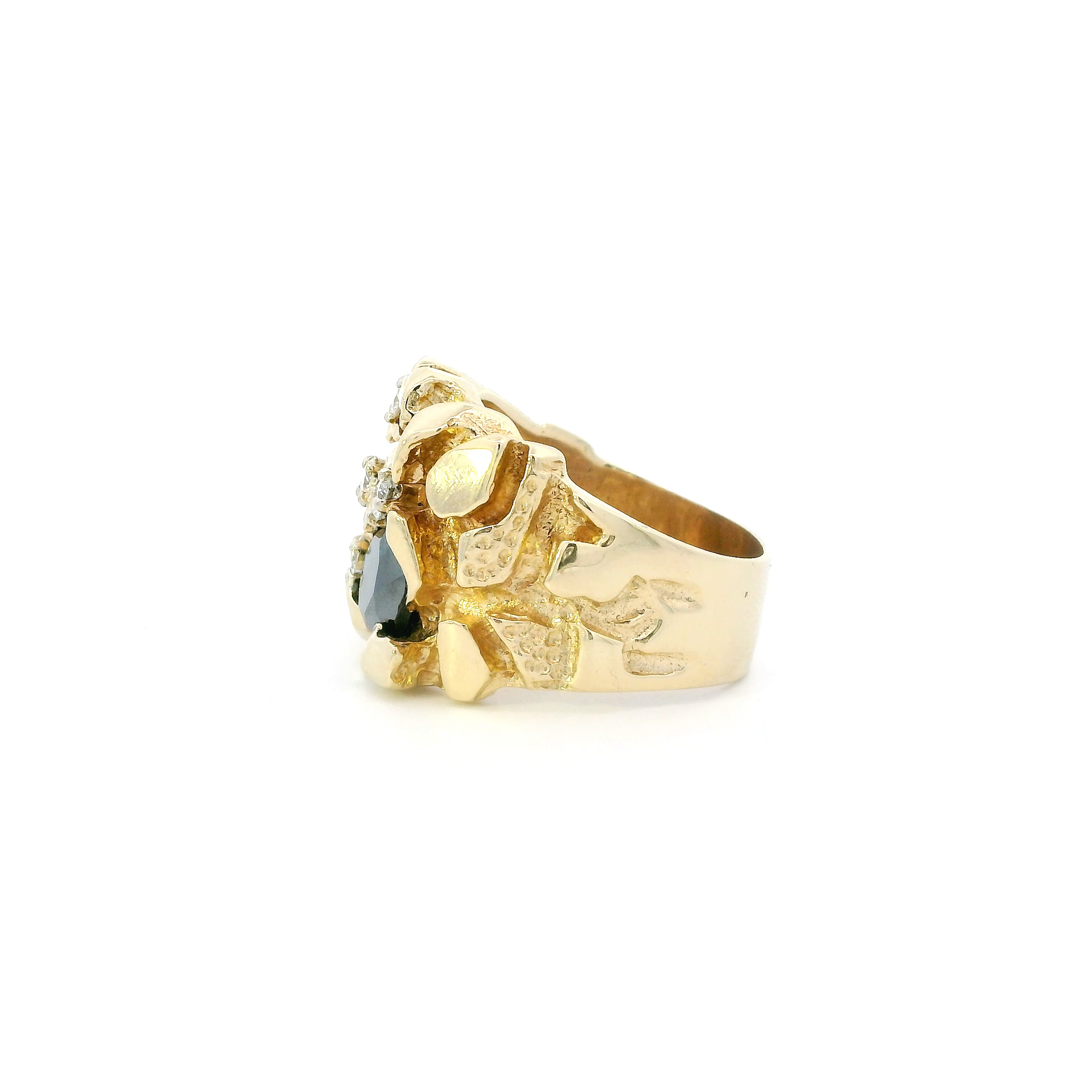14K Yellow Gold Diamond & Onyx Nugget Mens Ring - 0.40ct