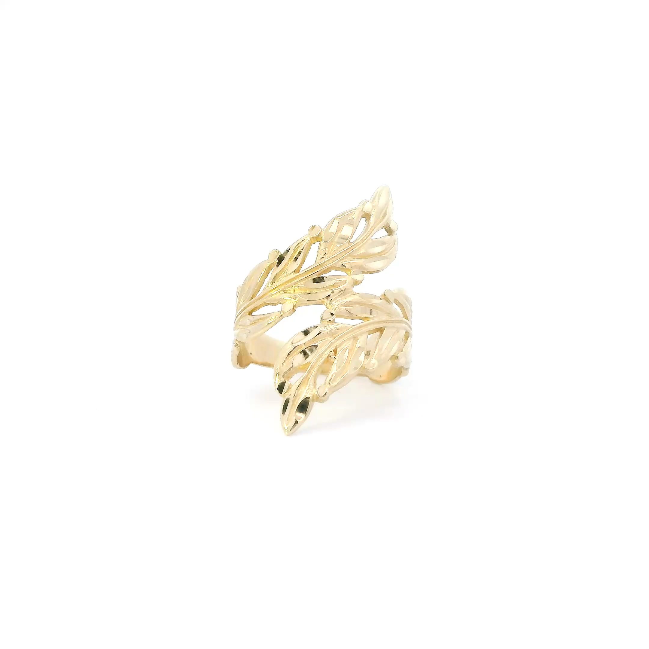 14K Yellow Diamond Cut Wrap Around Leaf Womens Ring