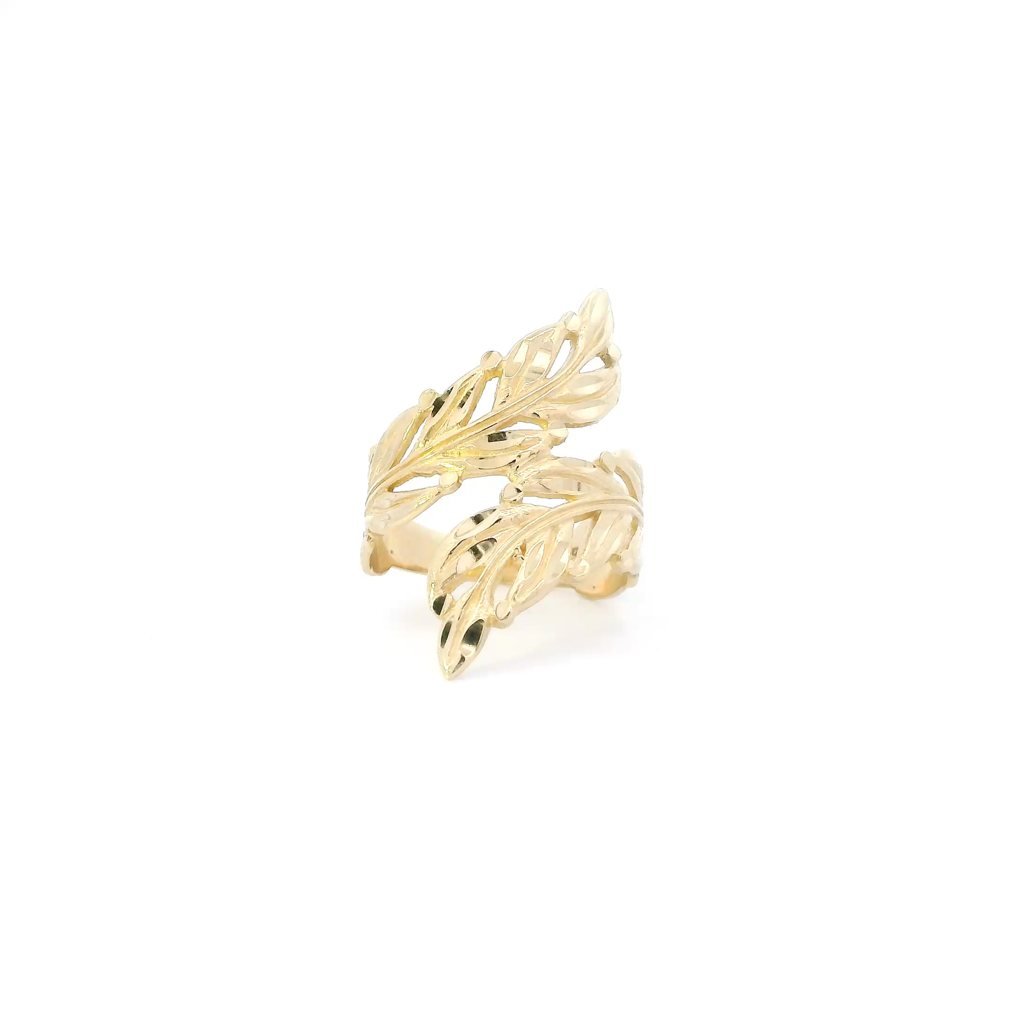 14K Yellow Diamond Cut Wrap Around Leaf Womens Ring