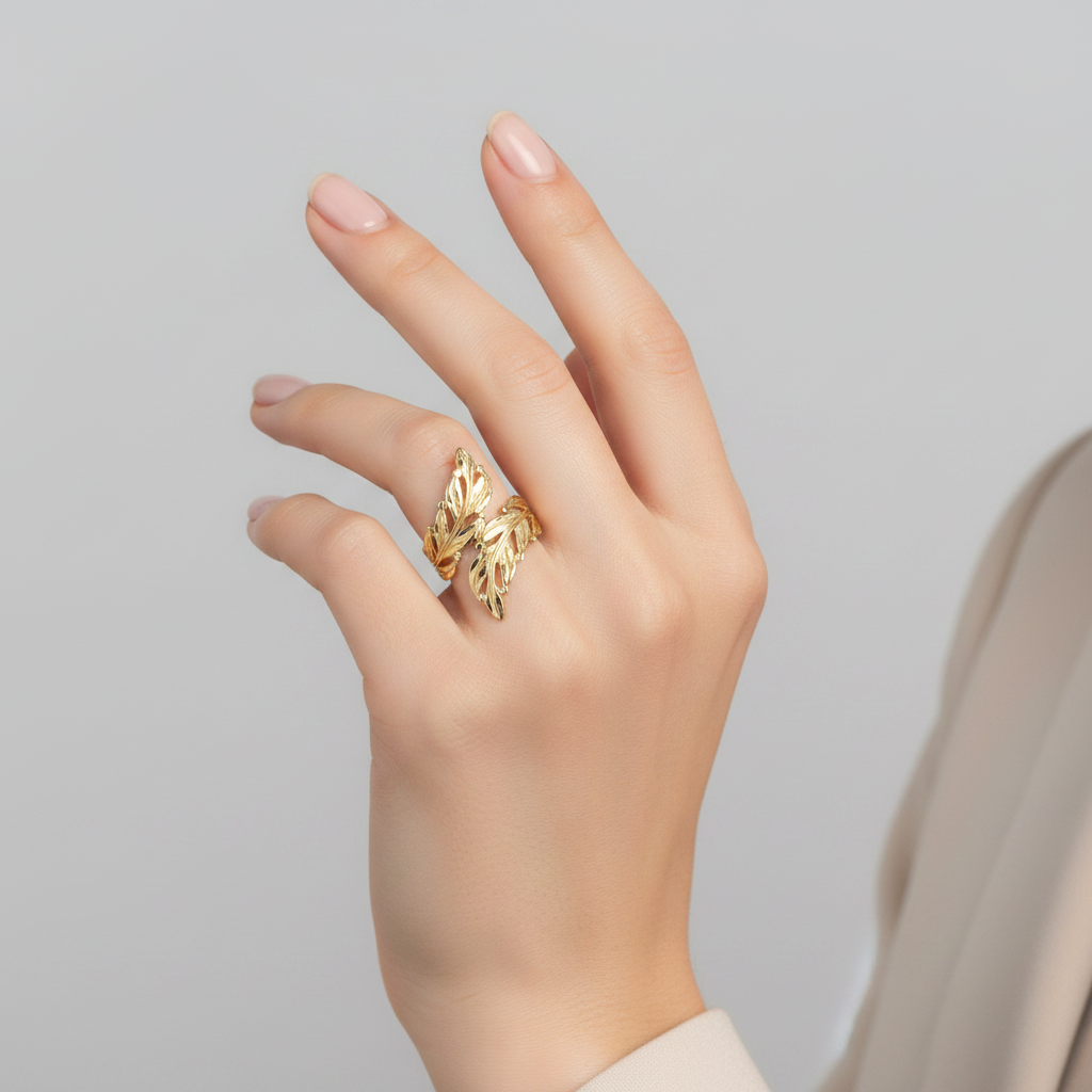 14K Yellow Diamond Cut Wrap Around Leaf Womens Ring