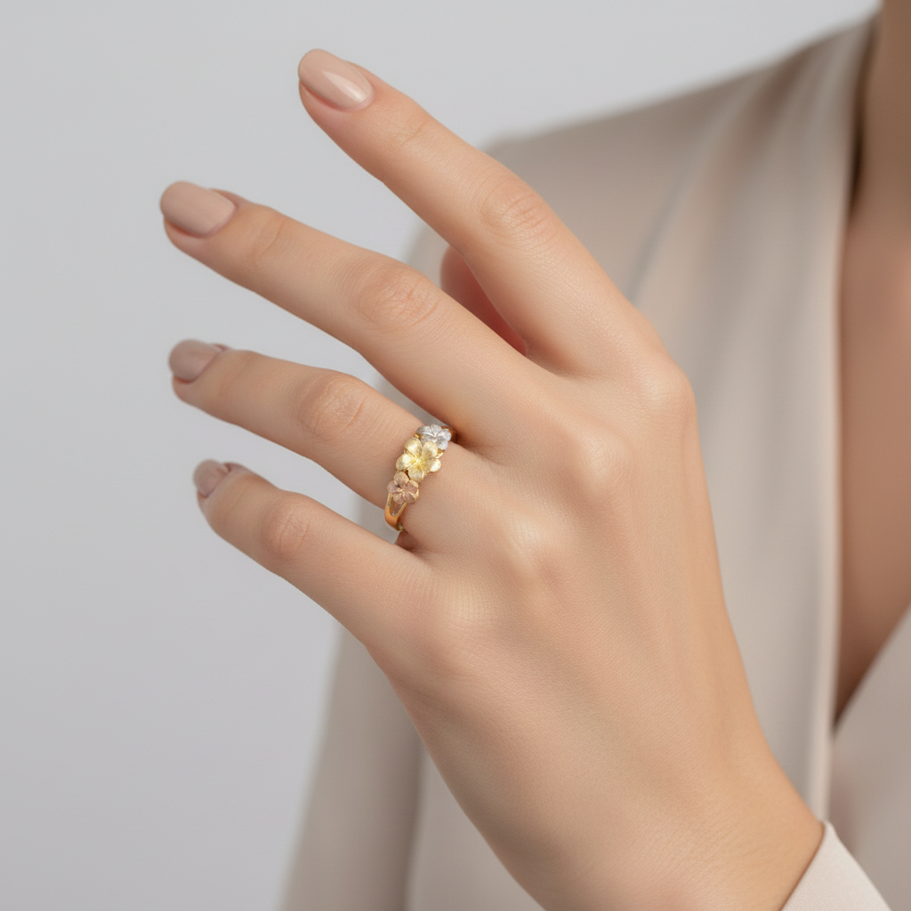 14K Tri Color Plumeria Flower Womens Ring