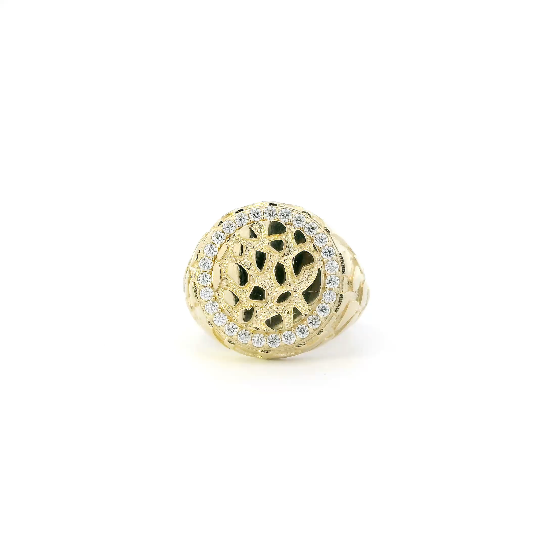 14K Yellow Gold Cz Round Nugget Mens Ring