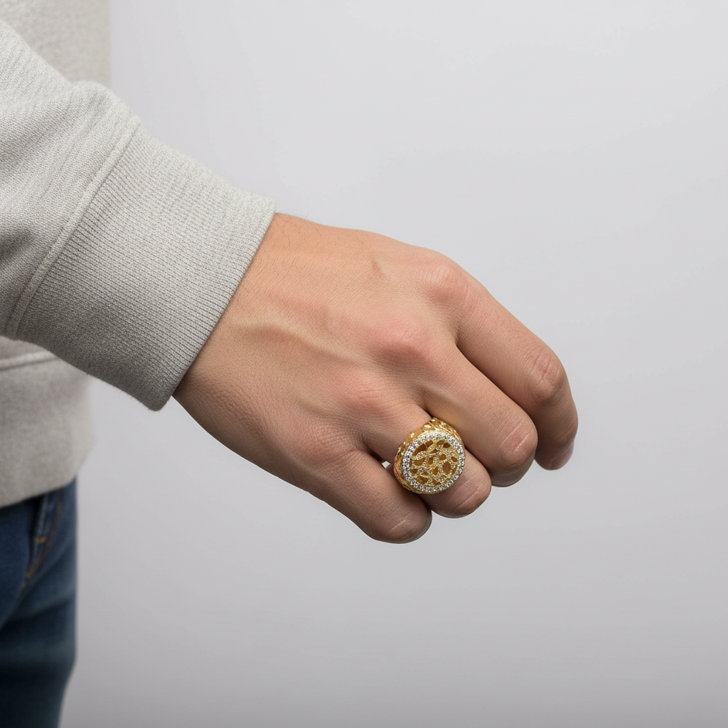 14K Yellow Gold Cz Round Nugget Mens Ring