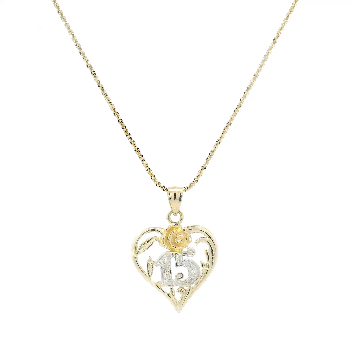 14K Yellow & White Gold "15" Heart & Rose Pendant & 17.5" Popcorn Chain