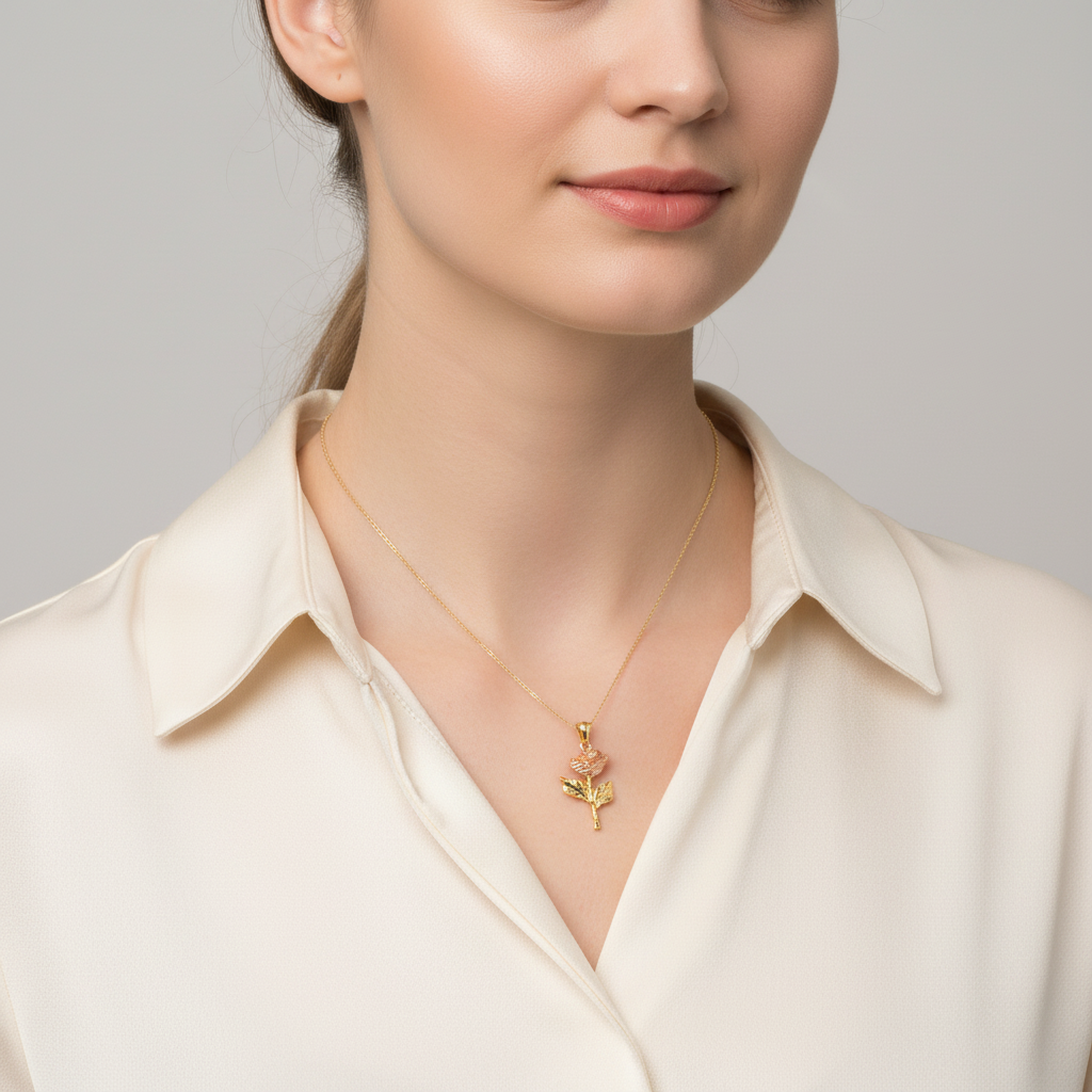 14K Yellow & Rose Gold Diamond Cut Rose Pendant