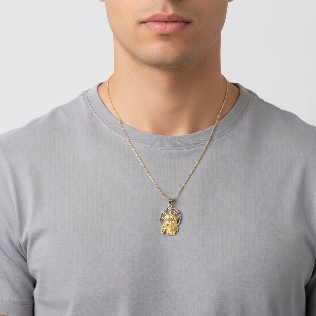 14K Tri Color Gold Diamond Cut Jesus Head Pendant