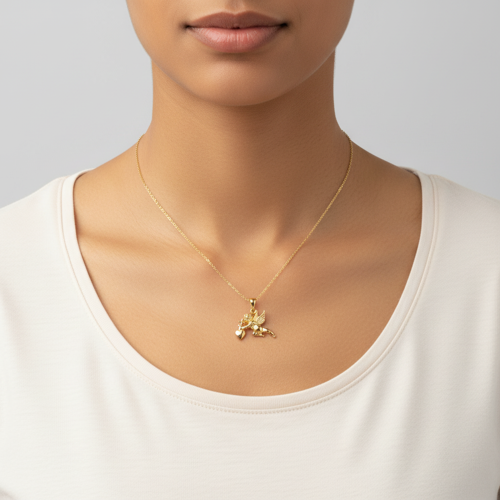 14K Yellow Gold Cherub, Heart & Cross Pendant