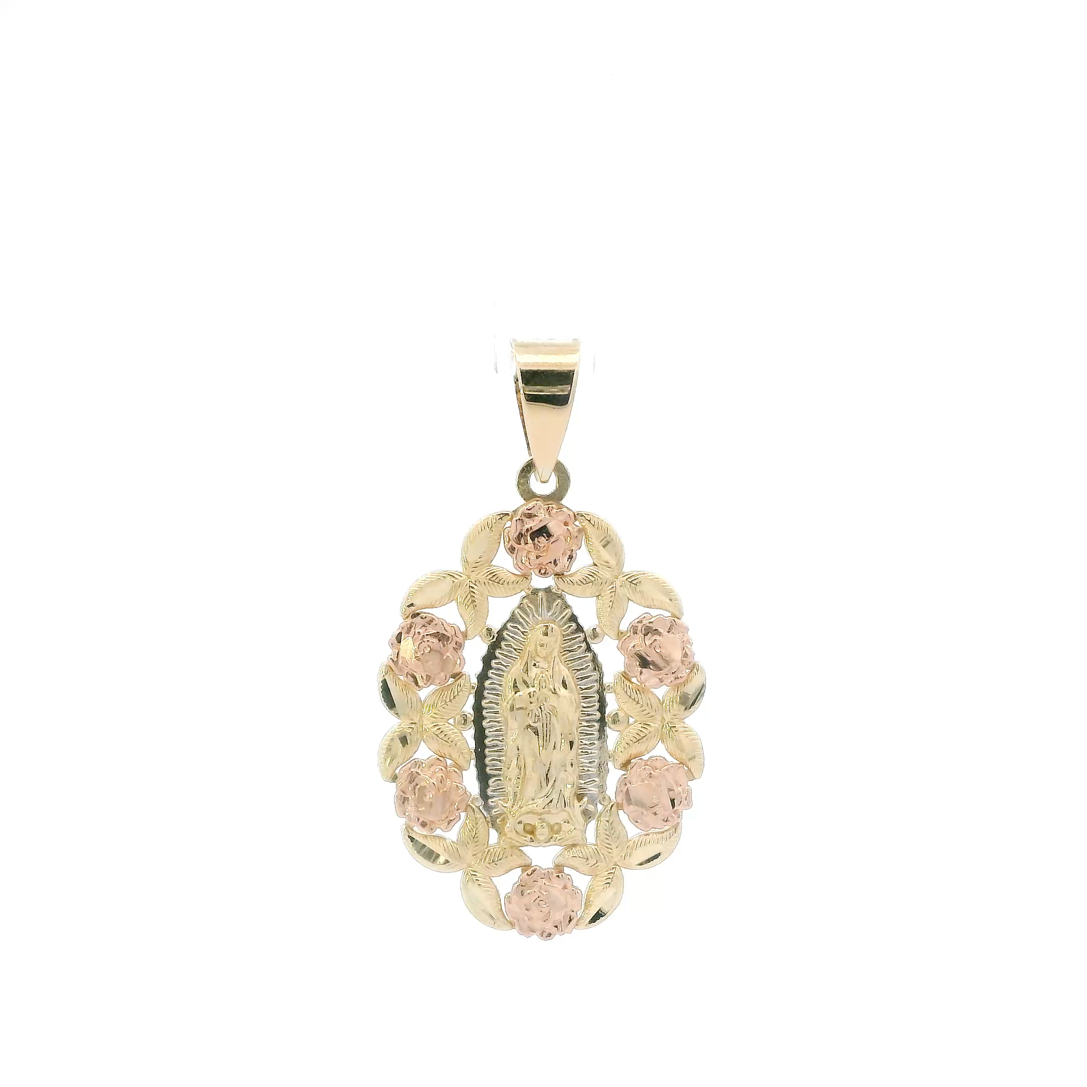 14K Yellow & Rose Gold Floral Wreath Virgin Mary Pendant