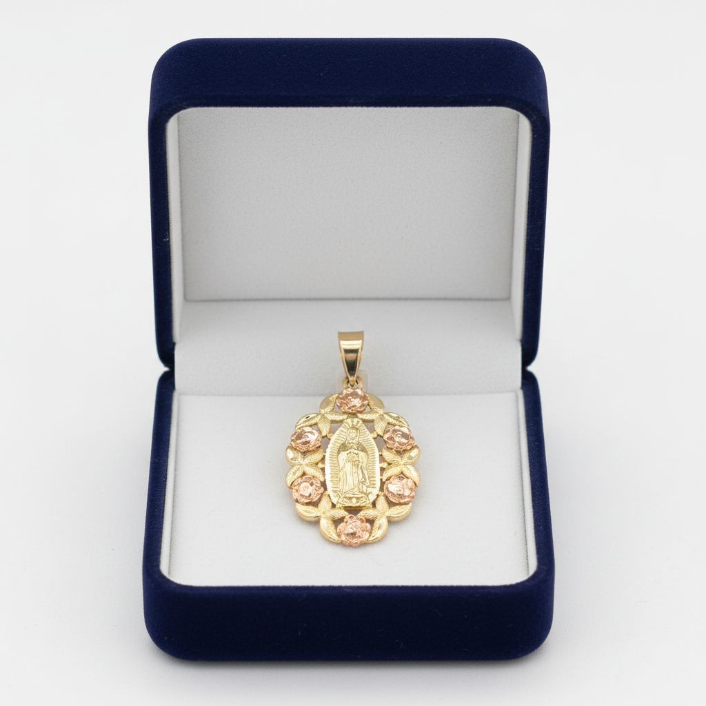 14K Yellow & Rose Gold Floral Wreath Virgin Mary Pendant